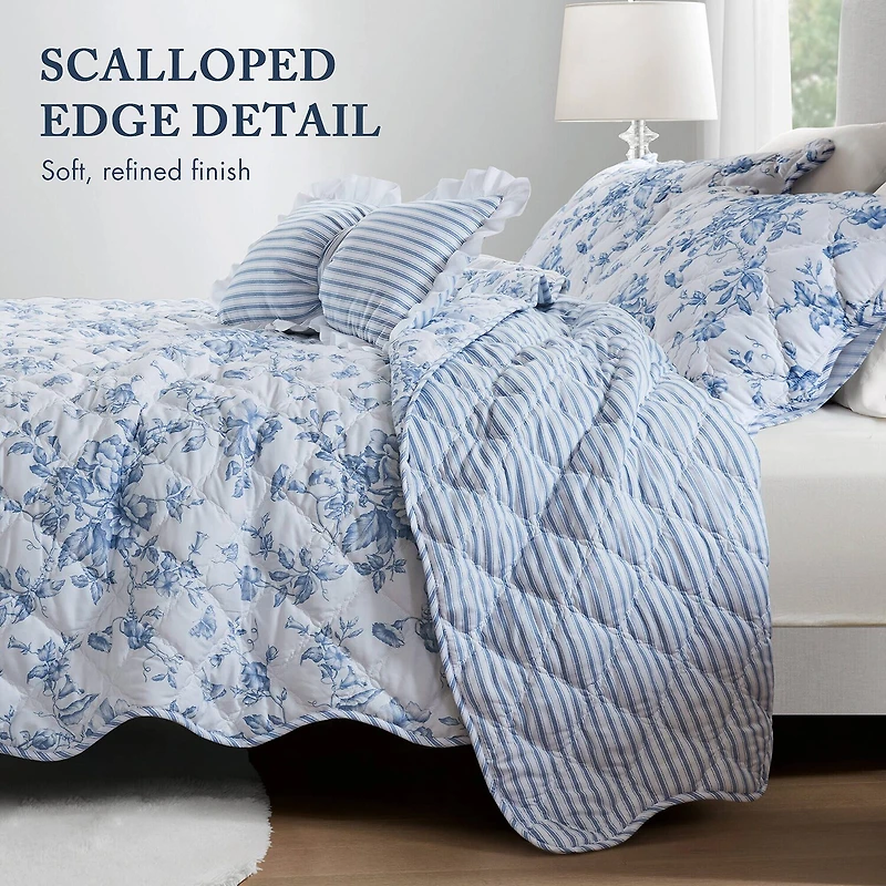 Madison Park Essentials Colette Floral Reversible With Decorative Pillow Quilt Set