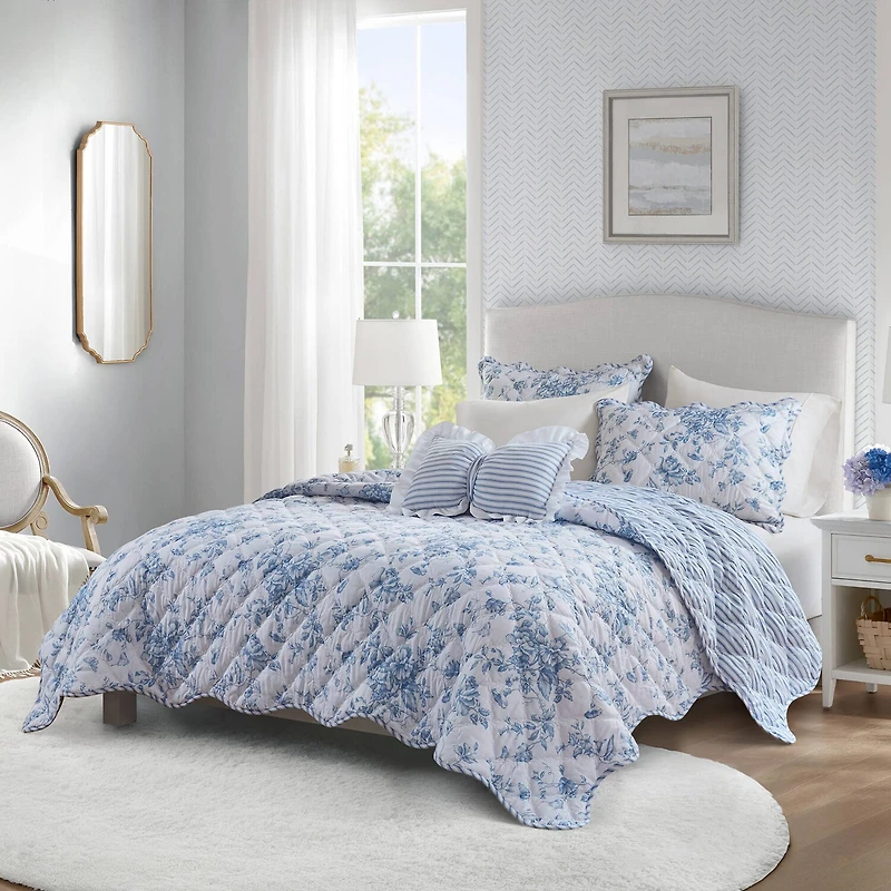 Madison Park Essentials Colette Floral Reversible With Decorative Pillow Quilt Set