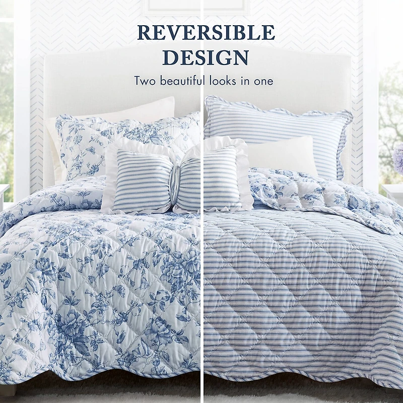 Madison Park Essentials Colette Floral Reversible With Decorative Pillow Quilt Set