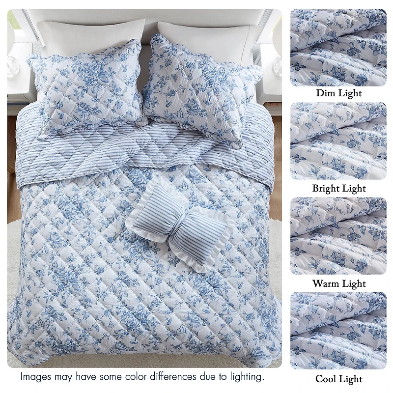Madison Park Essentials Colette Floral Reversible With Decorative Pillow Quilt Set