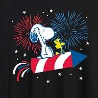 Snoopy And Woodstock Firecracker Womens Juniors Crew Neck Short Sleeve Regular Fit Peanuts Graphic T-Shirt