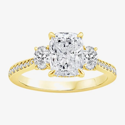 Love Lives Forever (F / Vs2) Womens 2 5/8 Ct. T.W. Lab Grown White Diamond 10K Gold Cushion Side Stone 3-Stone Engagement Ring