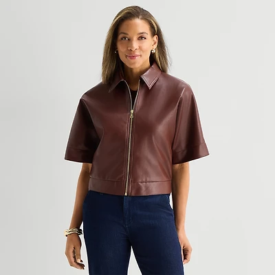 Liz Claiborne Womens Faux Leather Midweight Cropped Jacket