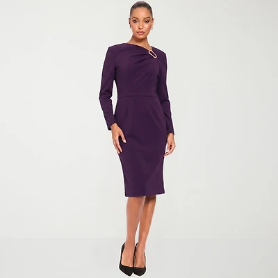 London Times Womens Round Neck Long Sleeve Sheath Dress