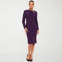 London Times Womens Asymmetrical Neck Long Sleeve Sheath Dress