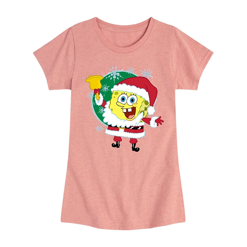Santa Spongebob Big Kid Girls Crew Neck Short Sleeve Regular Fit Graphic T-Shirt