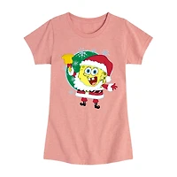 Santa Spongebob Big Kid Girls Crew Neck Short Sleeve Regular Fit Graphic T-Shirt