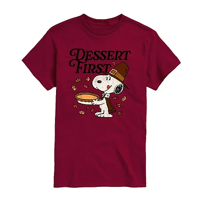 Dessert First Thanksgiving Distressed Mens Crew Neck Short Sleeve Regular Fit Peanuts Snoopy Graphic T-Shirt