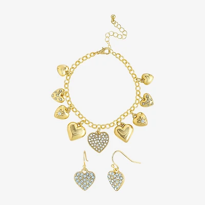 JS Jessica Simpson Gold Tone Charm Bracelet & Drop Earring Womens Crystal Heart 3-pc. Jewelry Set