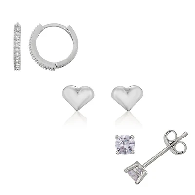 Girls Cubic Zirconia Sterling Silver Heart Earring Set