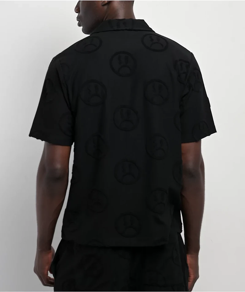$AD BOYZ by Junior H Face Woven Black Terry Short Sleeve Button Up Shirt