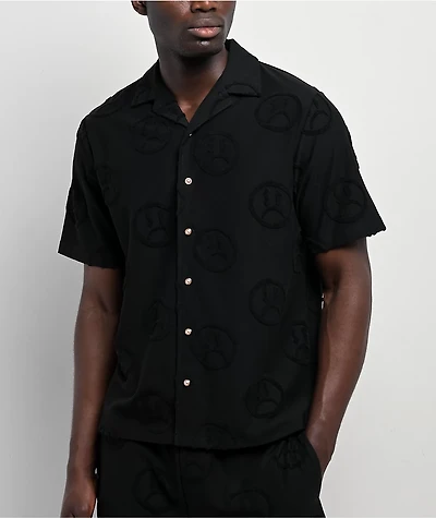 $AD BOYZ by Junior H Face Woven Black Terry Short Sleeve Button Up Shirt