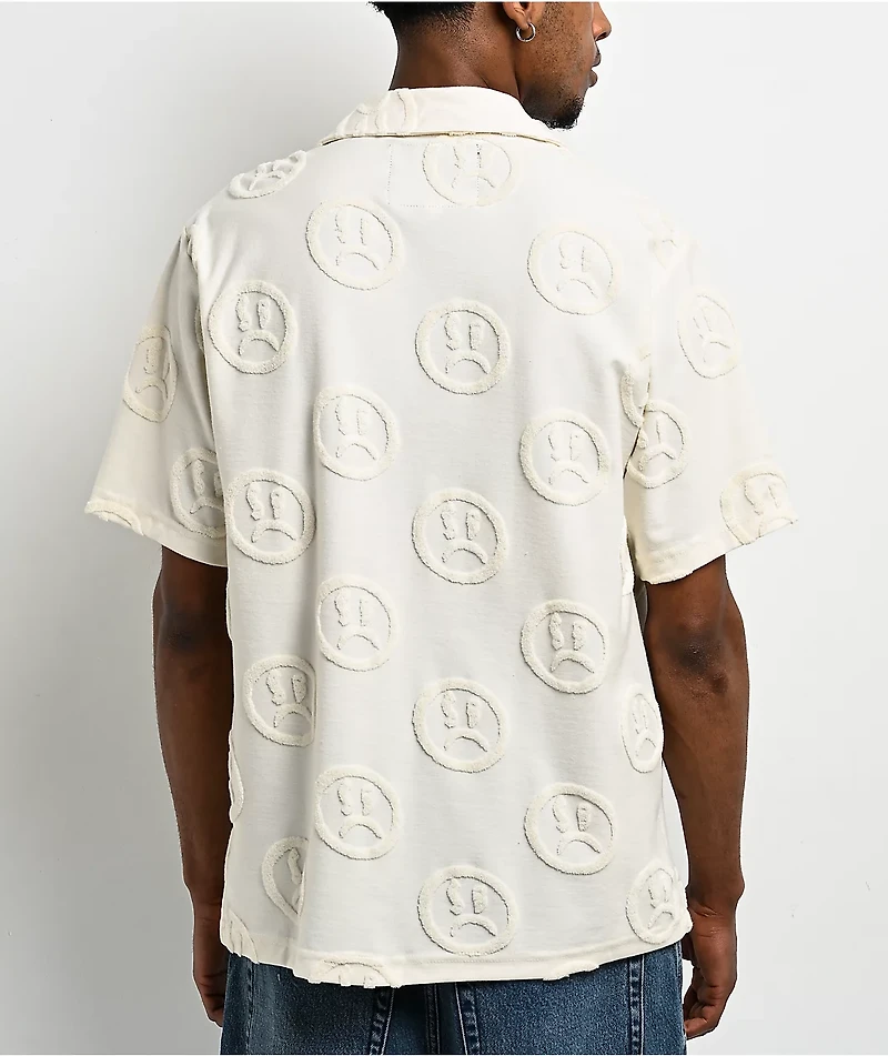 $AD BOYZ by Junior H Face Woven Off White Terry Short Sleeve Button Up Shirt