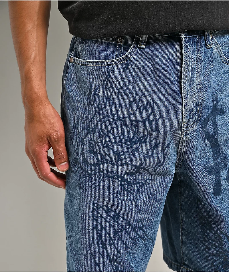$AD BOYZ by Junior H Printed Grail Blue Wash Denim Shorts
