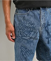 $AD BOYZ by Junior H Printed Grail Blue Wash Denim Shorts