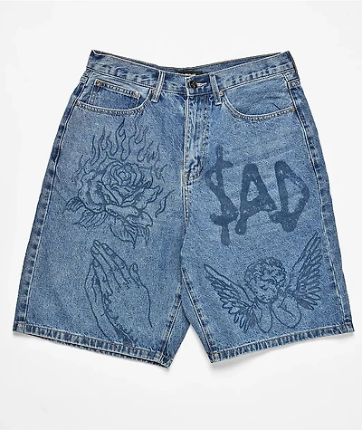 $AD BOYZ by Junior H Printed Grail Blue Wash Denim Shorts