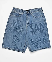 $AD BOYZ by Junior H Printed Grail Blue Wash Denim Shorts
