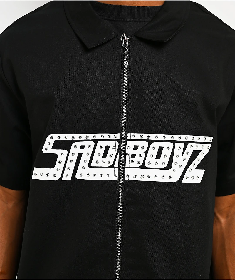 $AD BOYZ by Junior H Rhinestone Black Full Zip Work Shirt