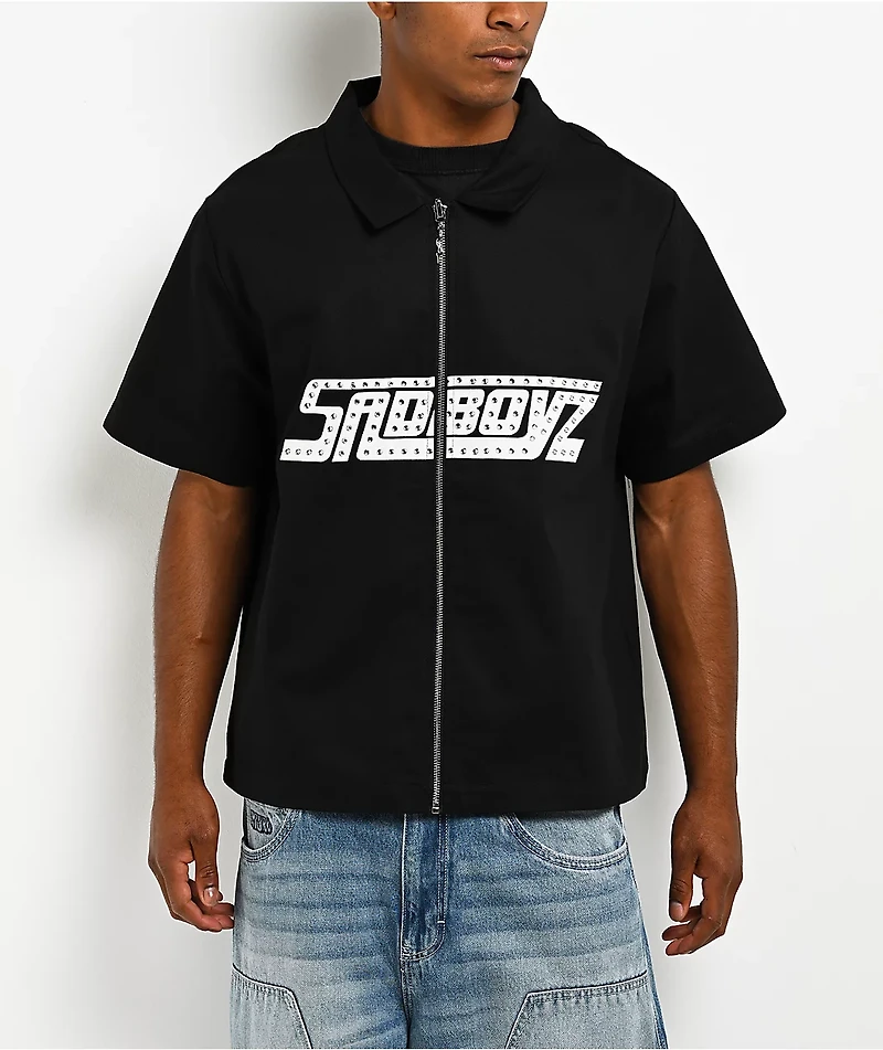 $AD BOYZ by Junior H Rhinestone Black Full Zip Work Shirt