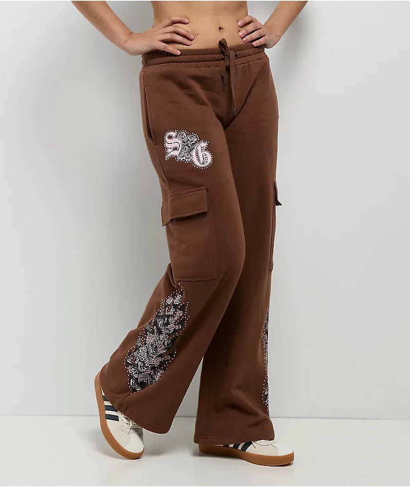 $AD GIRLZ By Junior H Flowers Brown Cargo Sweatpants