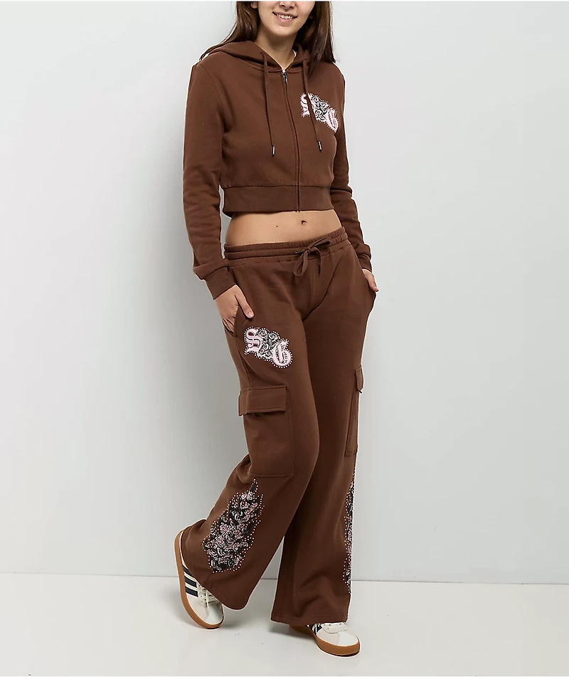 $AD GIRLZ By Junior H Flowers Brown Crop Zip Hoodie