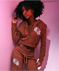 $AD GIRLZ By Junior H Flowers Brown Crop Zip Hoodie