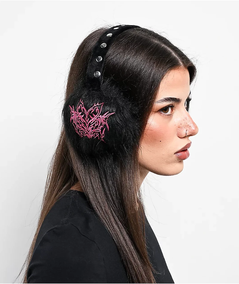 Vitriol Embroidered Black Faux Fur Ear Muffs