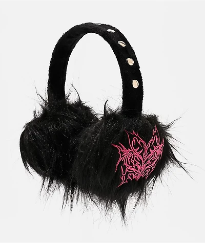 Vitriol Embroidered Black Faux Fur Ear Muffs
