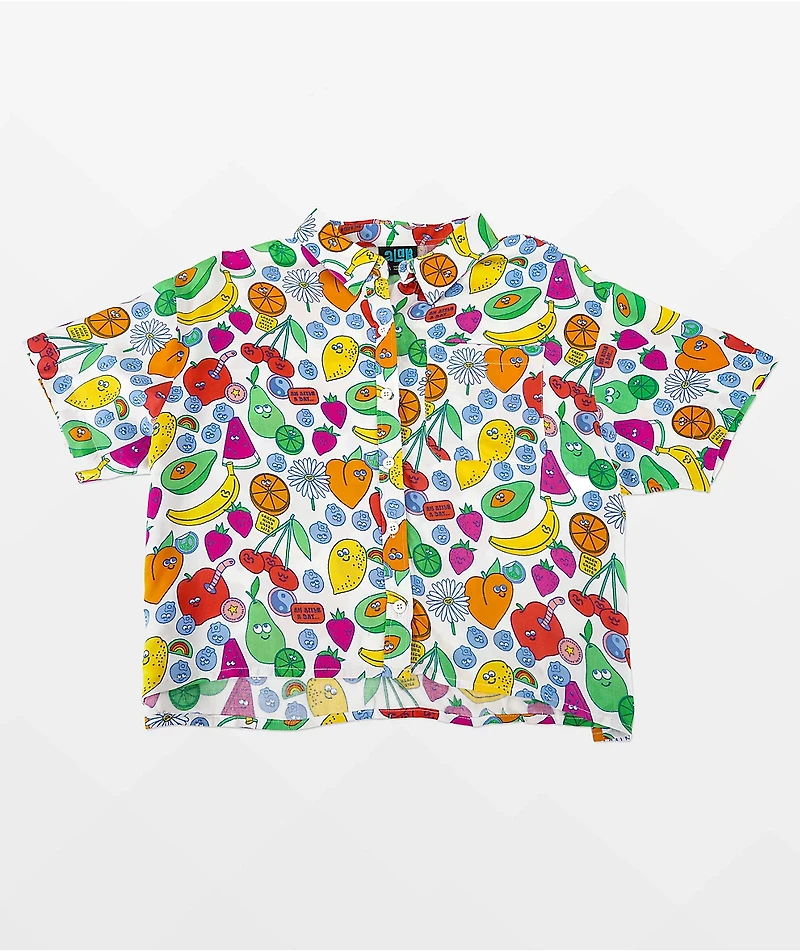 A-Lab Kona Mixed Fruit White Crop Short Sleeve Button Up Shirt