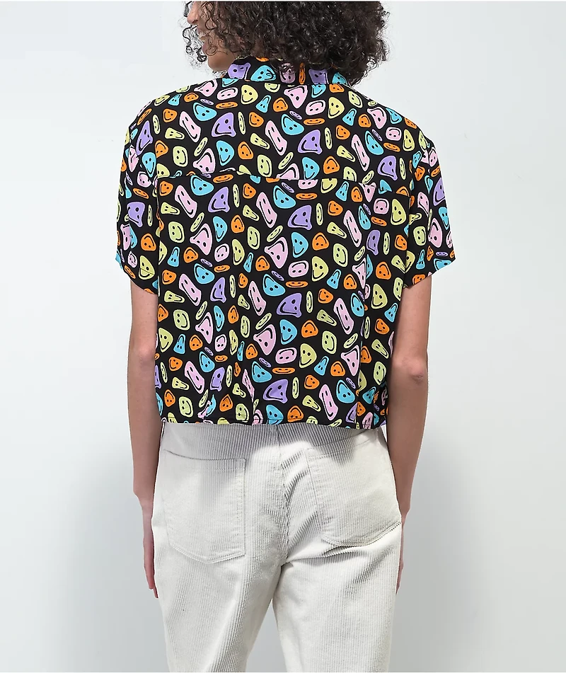 A-Lab Kona Warped Smile Black Short Sleeve Button Up Crop Shirt
