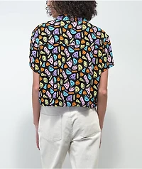 A-Lab Kona Warped Smile Black Short Sleeve Button Up Crop Shirt