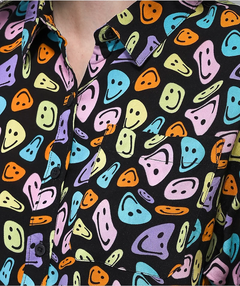 A-Lab Kona Warped Smile Black Short Sleeve Button Up Crop Shirt