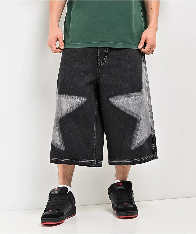 A.LAB Airbrush Star Dark Blue Wash Mega Wide Denim Shorts