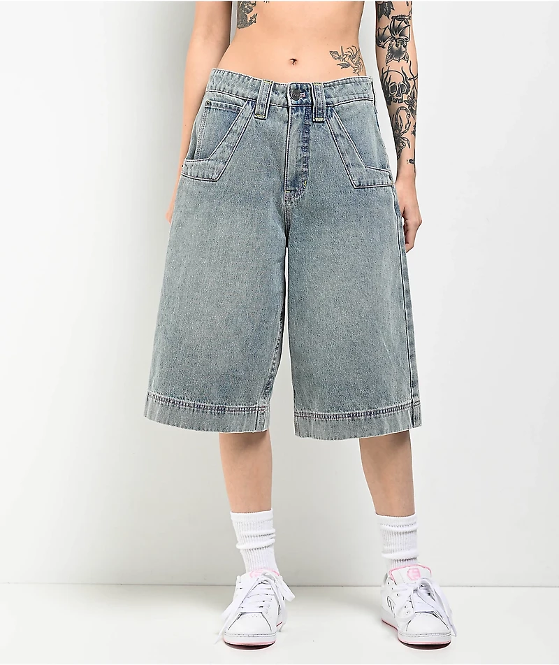 A.LAB Analog Star Cable Blue Wash Oversized Denim Shorts