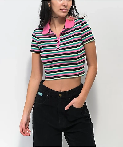 A.LAB Cordina Pink & Green Stripe Zip Crop Polo Shirt