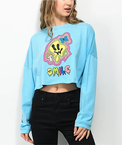 A.LAB Gayle Smile Drippy Blue Long Sleeve Crop T-Shirt