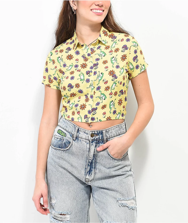 A.LAB Goldie Frog Print Yellow Crop Shirt