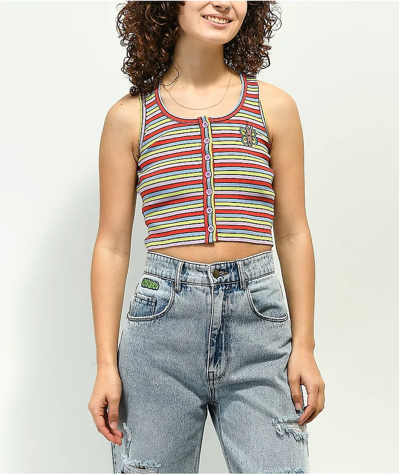 A.LAB Roscoe Red, Green & Purple Stripe Button Up Crop Tank Top