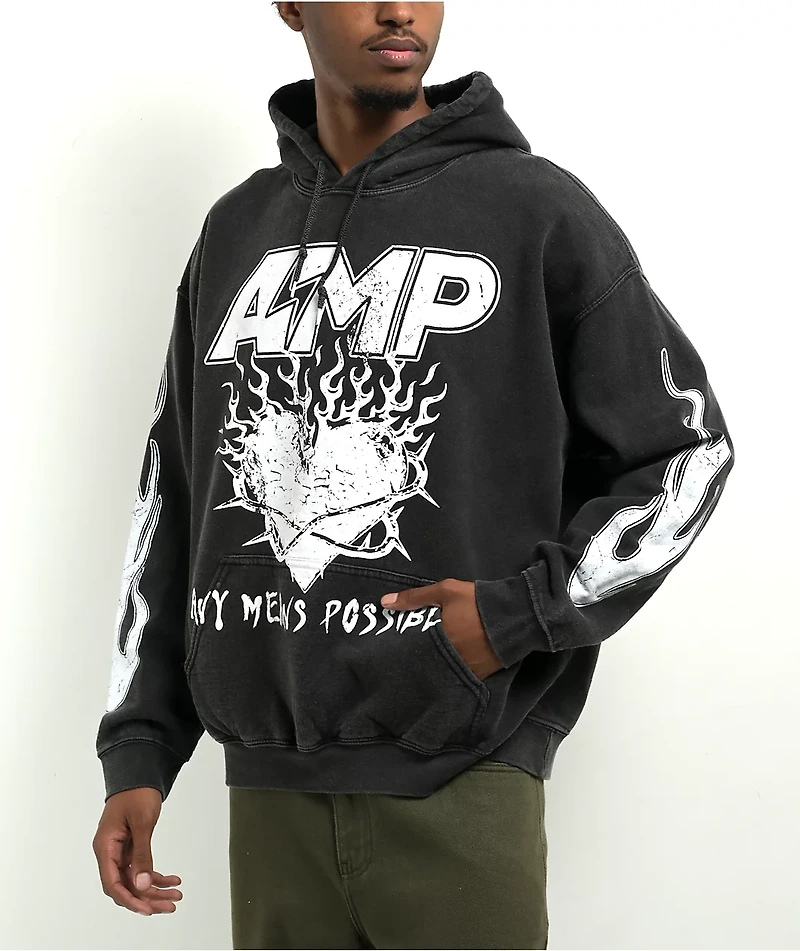 AMP Burning Heart Grey Pigment Dye Hoodie