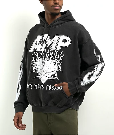 AMP Burning Heart Grey Pigment Dye Hoodie
