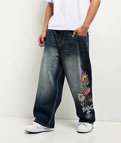 Adam Bomb Variety Patch Blue Wash Baggy Jeans