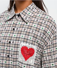 Aelfric Eden Crochet Heart Pocket Green Plaid Short Sleeve Button Up Shirt
