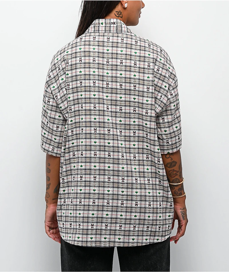 Aelfric Eden Crochet Heart Pocket Green Plaid Short Sleeve Button Up Shirt
