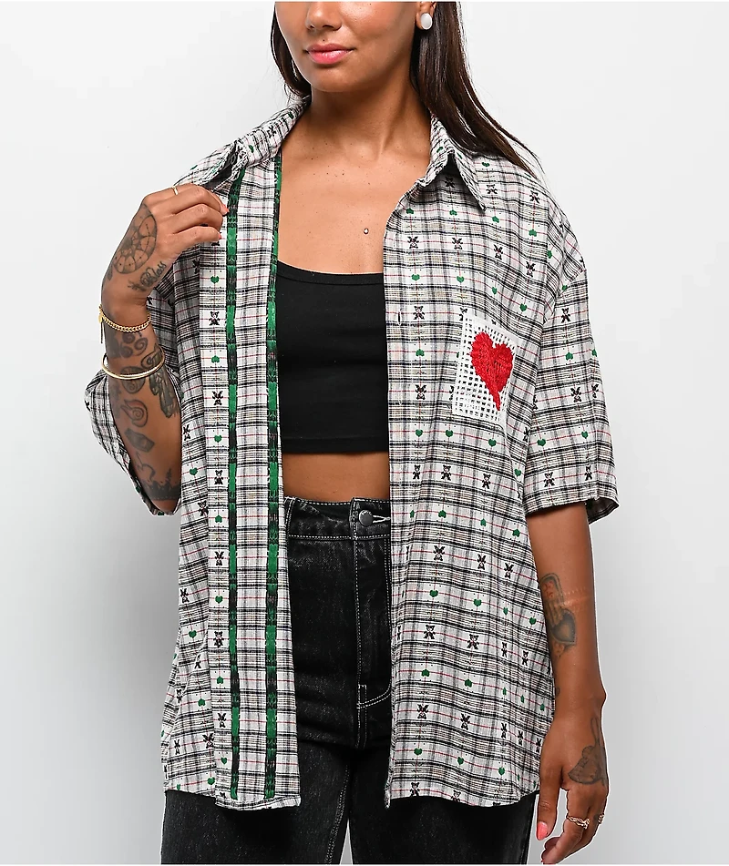 Aelfric Eden Crochet Heart Pocket Green Plaid Short Sleeve Button Up Shirt