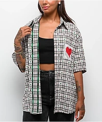 Aelfric Eden Crochet Heart Pocket Green Plaid Short Sleeve Button Up Shirt