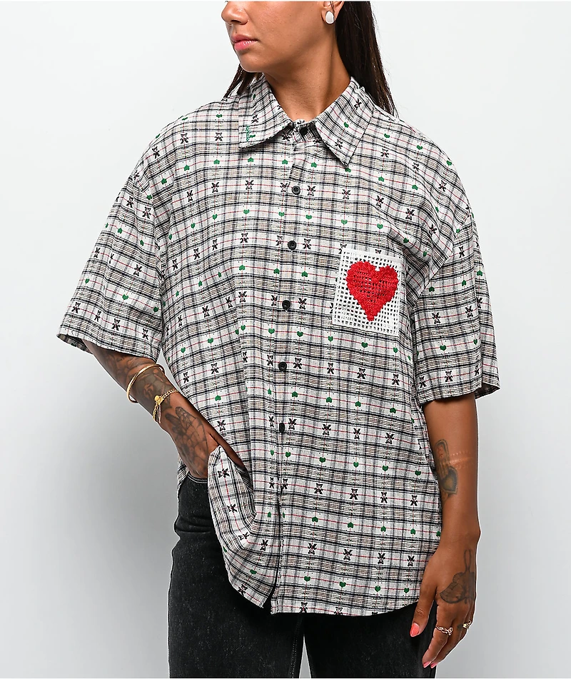 Aelfric Eden Crochet Heart Pocket Green Plaid Short Sleeve Button Up Shirt