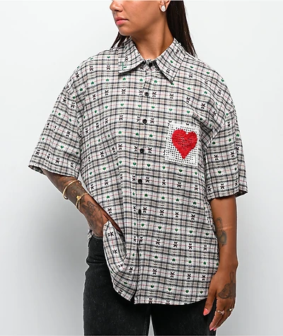 Aelfric Eden Crochet Heart Pocket Green Plaid Short Sleeve Button Up Shirt