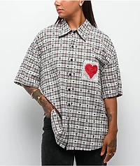 Aelfric Eden Crochet Heart Pocket Green Plaid Short Sleeve Button Up Shirt
