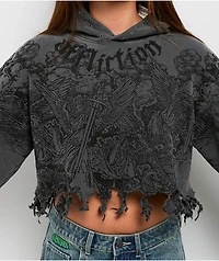 Affliction Angels Distressed Grey Wash Boxy Crop Hoodie