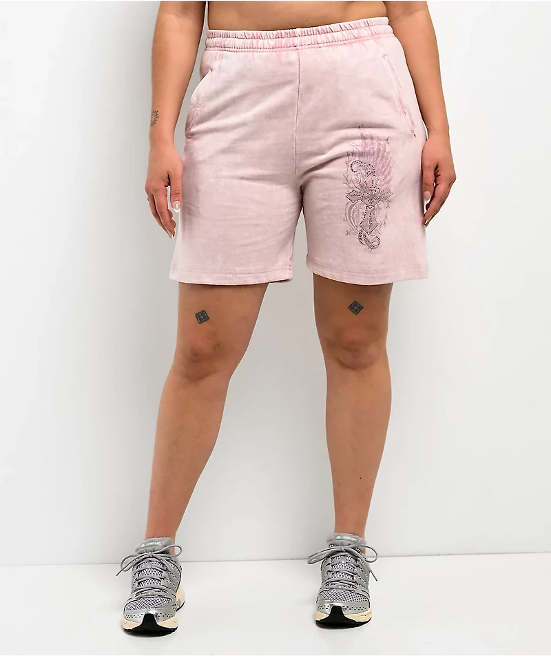 Affliction Ayala Peach Pink Rhinestone Sweat Shorts